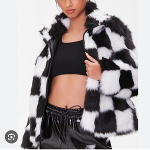 FOREVER 21 CHECKERED FAUX FUR JACKET